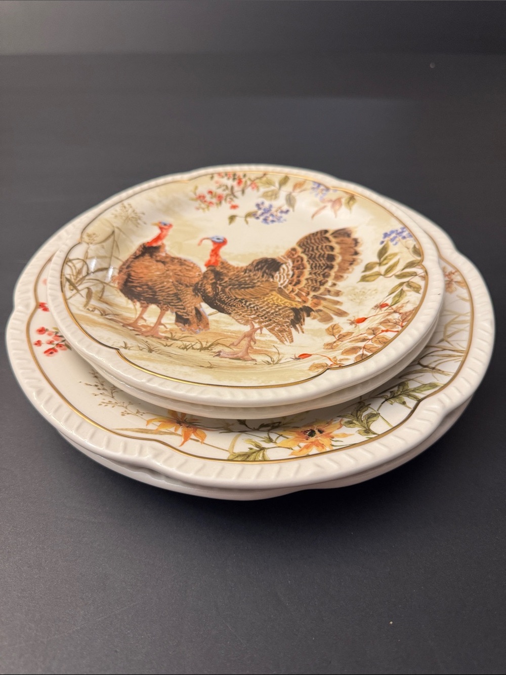 NWOT 4pc Potter's Studio Scalloped Stoneware  Turkey Dinner/Salad Plates